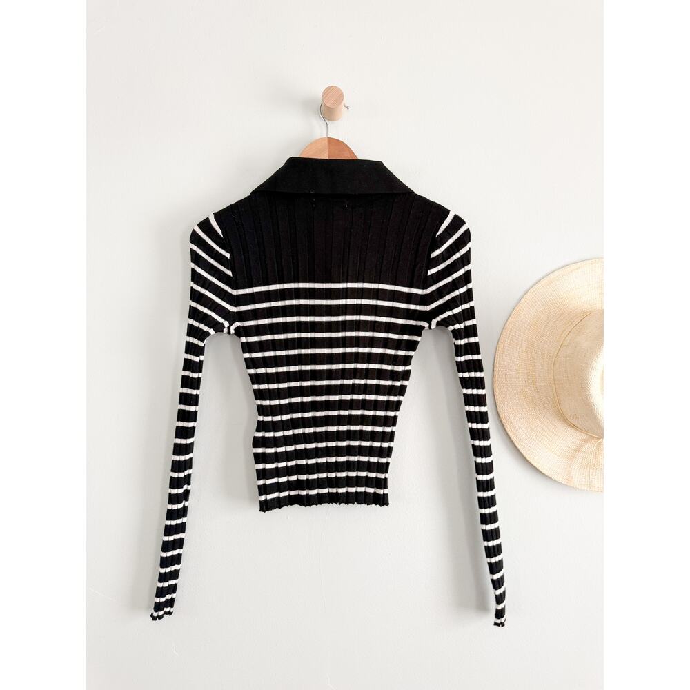Madewell | NWT Ribbed Polo Sweater Black Ivory Stripe | Sz S - Picture 9 of 10